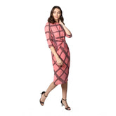 Women's Polyester Checkered 3-4th Sleeves Below Knee Dress (Pink - Black)